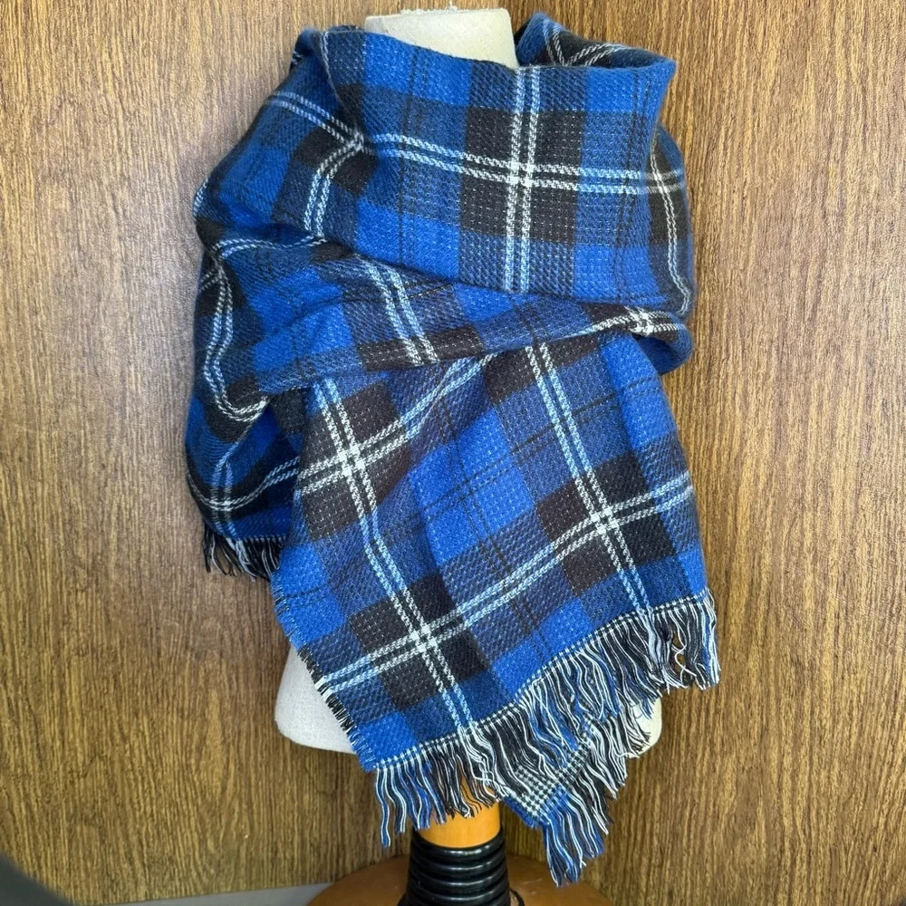 Chaps Oversized Reversible Scarf Plaid & Houndstooth Fringe‎ Winter Wrap 25x72